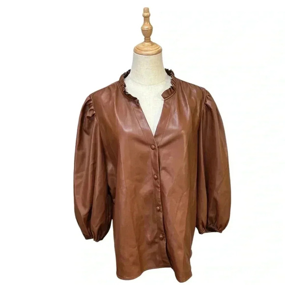 Marc New York Brown Faux Leather Button Up Top XL - Picture 1 of 7
